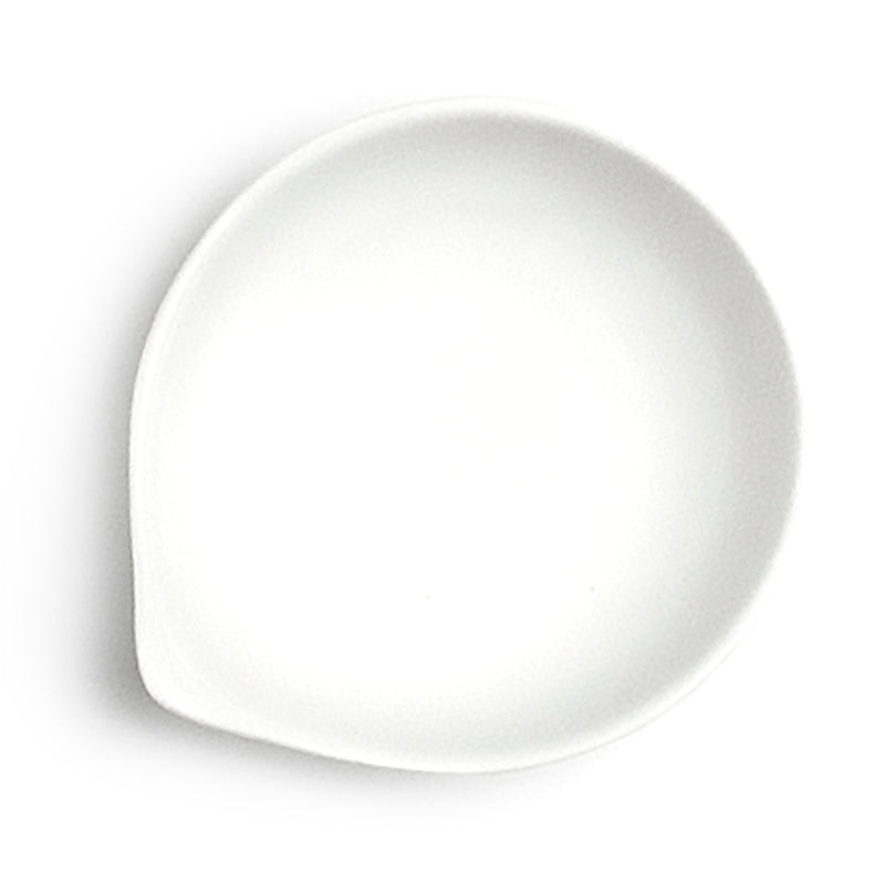 Overhead view of the plain white A0117 sauce bowl showing the rounded well and upturned rim point.