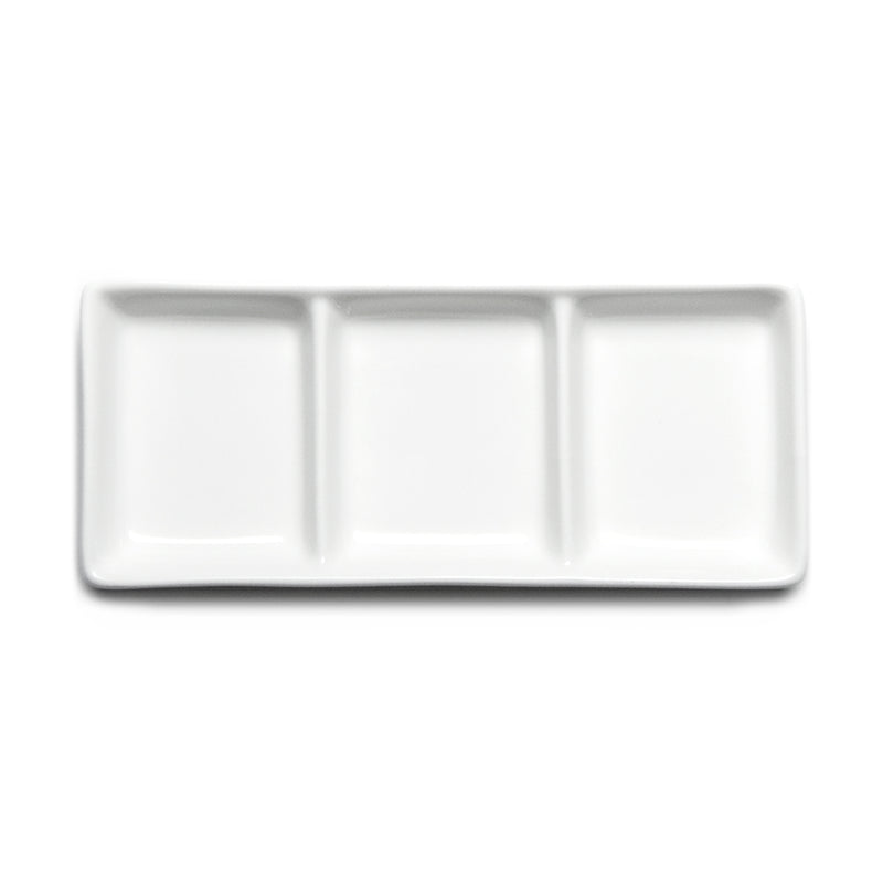 Overhead view of the A0226 white rectangular ceramic sauce plate showing three recessed compartments.