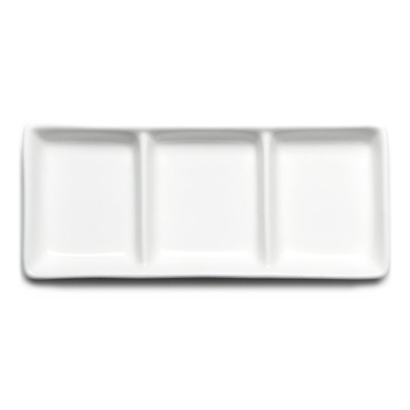 Overhead view of the A0227 white rectangular ceramic sauce plate showing three recessed compartments.