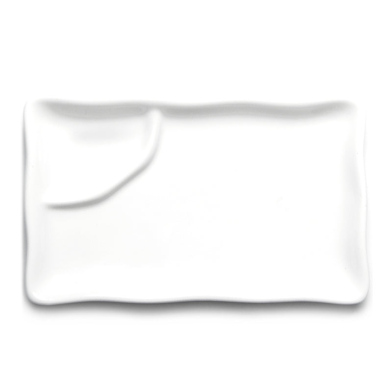 Overhead view of the A0406 white ceramic divided plate showing the large serving area and rounded corner section.
