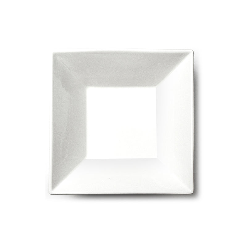 Overhead view into the A1510 white ceramic bowl showing its square center and four sloping inner walls