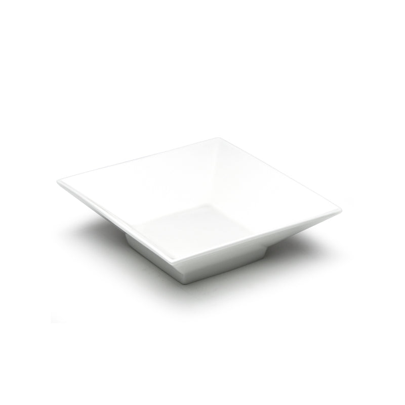 Angled view of the A1510 white ceramic bowl with straight sloping walls and a smaller square base