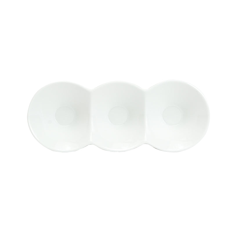 Upper original view of A16765 showing three rounded white ceramic wells connected end to end.