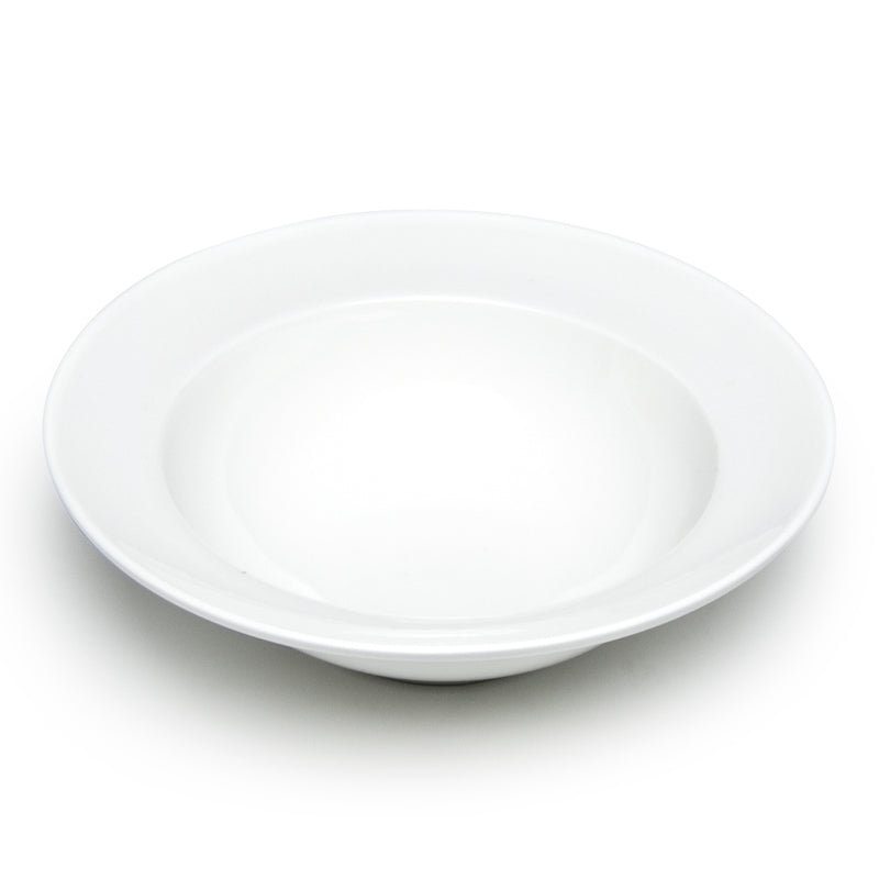 Angled view of the empty A1864 white ceramic bowl with a broad round rim and recessed center.