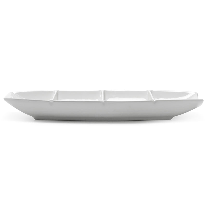 A18686 white ceramic four-compartment boat plate showing its low foot, curved body and raised dividers