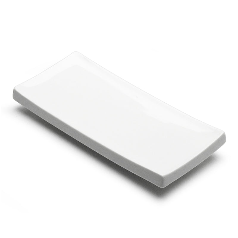 Angled view of the A2526 white rectangular plate showing its open center, defined outer edge and gently lifted ends