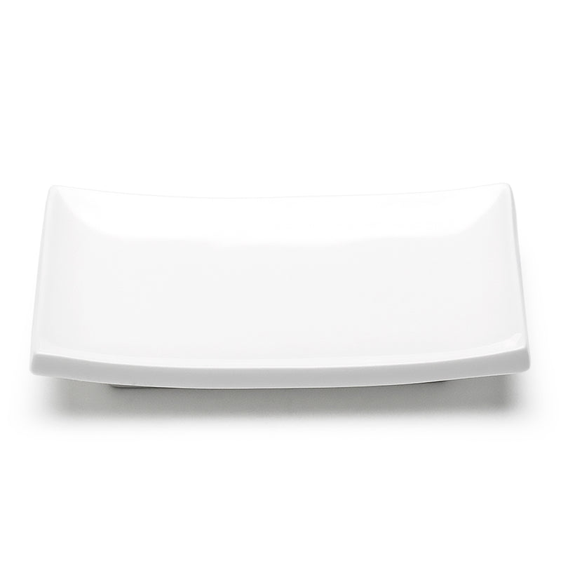 Authentic upper-front view of the A2530 white ceramic rectangular plate, showing the open center and gently raised edges.