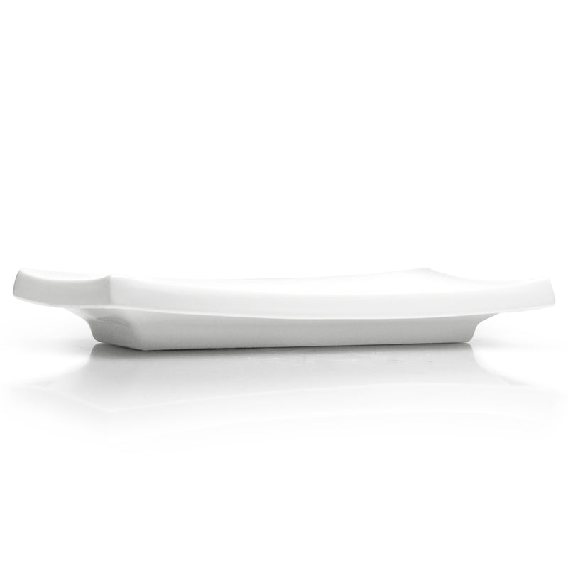 Side view of the white A2592 rectangular plate showing its raised edges and lower base