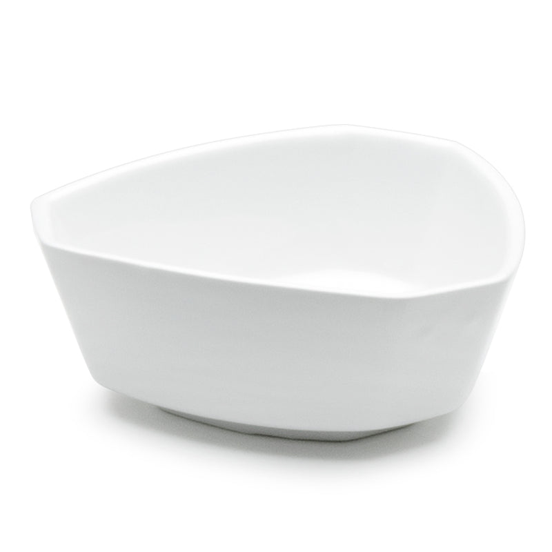 Angled original view of the A2989 white irregular bowl with a softly triangular rim, curved sides and low foot.