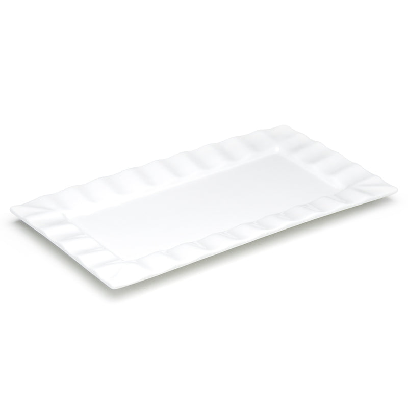Empty A4371 white rectangular ceramic plate with a broad rippled rim and plain center.