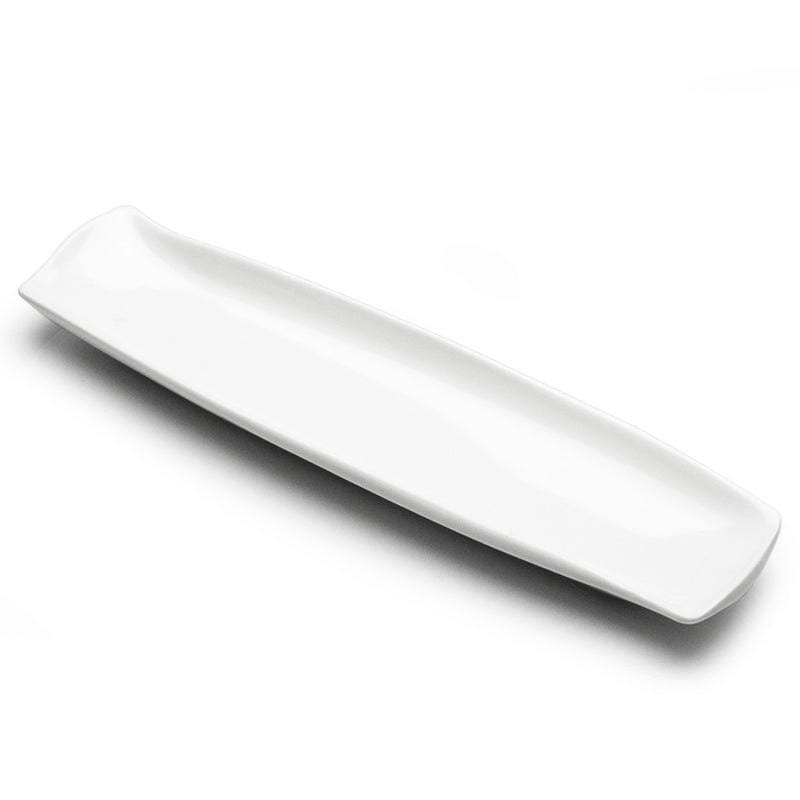 Angled view of the A4552 long white ceramic plate with gently raised edges
