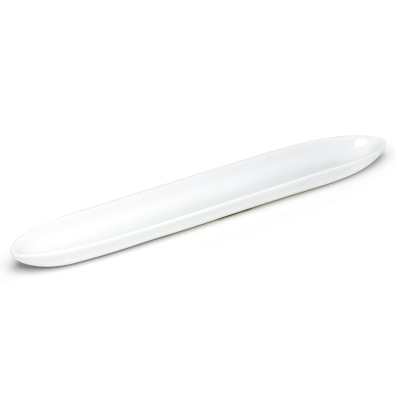A4652 long narrow white ceramic oval plate with rounded ends and a continuous rim, viewed at an angle