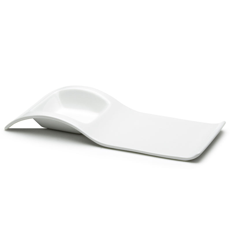 Empty A4825 white ceramic plate with a raised sauce-well end and broader entree area.