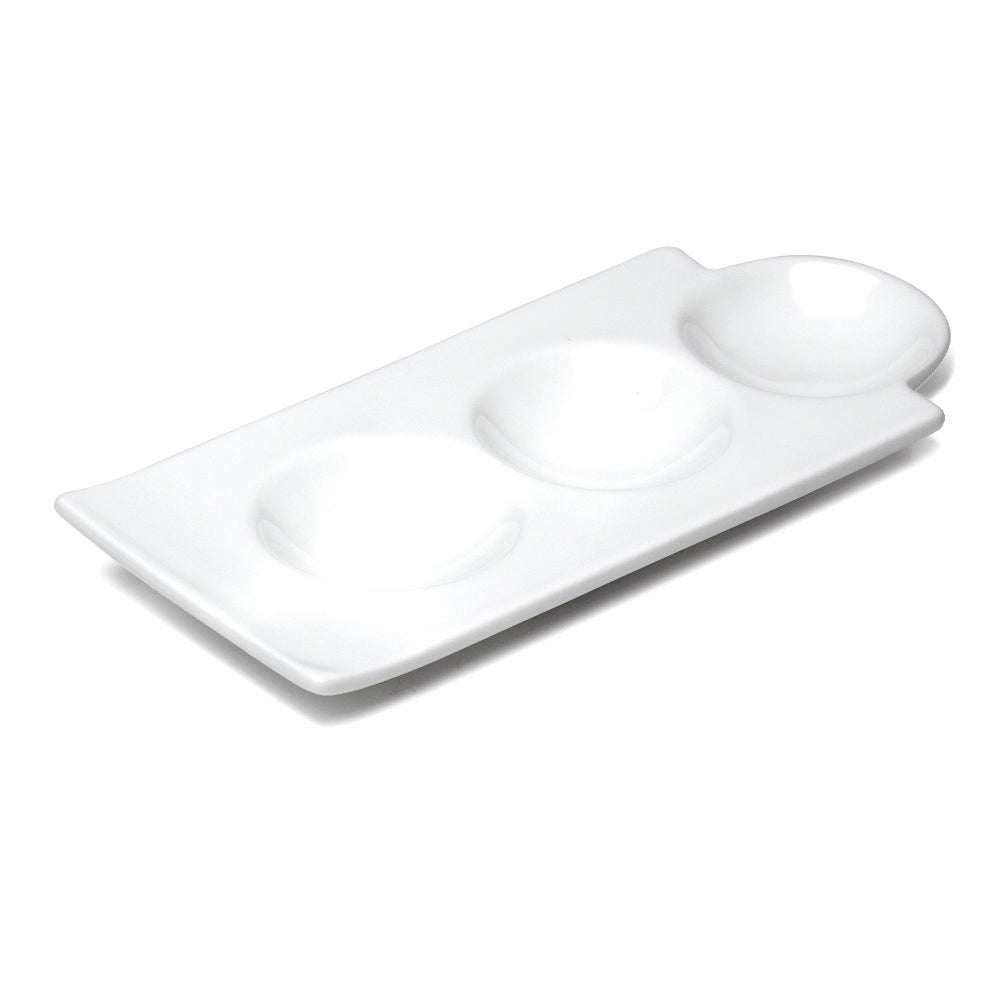 9-3/8"X4-1/8" 3-Compartment Sauce Plate, White Ceramic