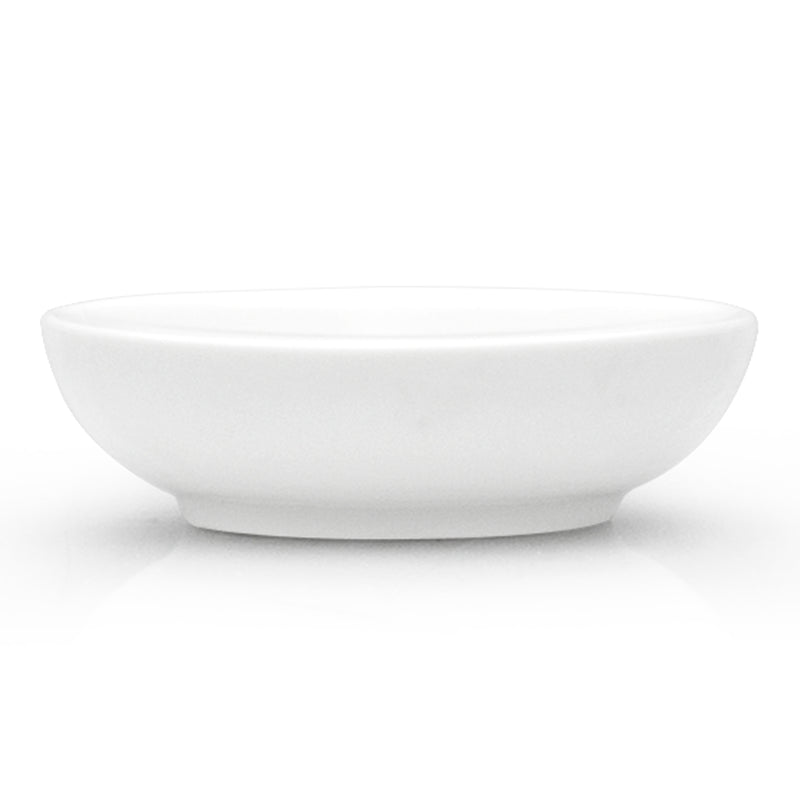 Side profile of the A5544 round ceramic sauce plate with curved walls and a short visible foot.