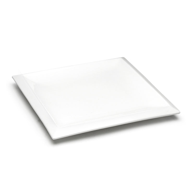 Angled view of the A6285 smooth white square plate with an open center and upturned sides and corners.