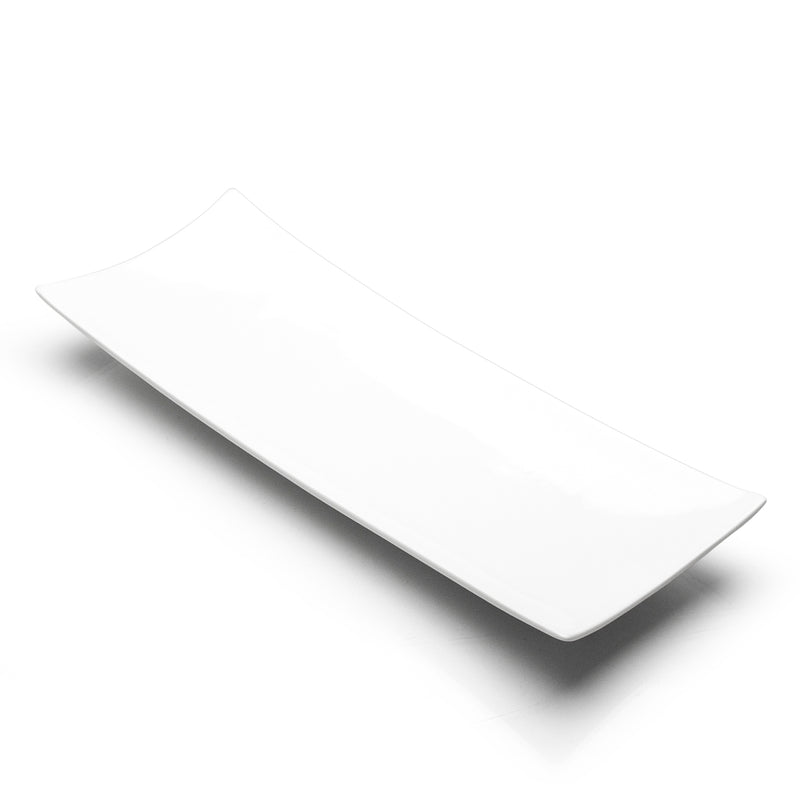 Angled view of the A6666 white rectangular plate showing its long center and rising ends