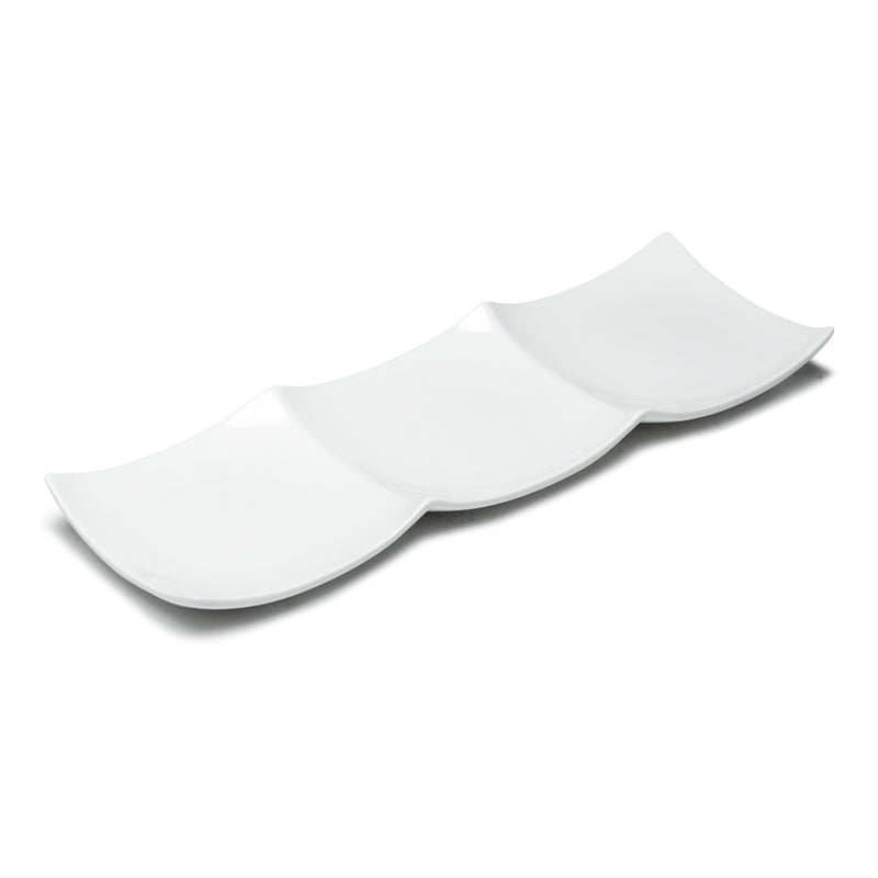 Empty A6909 white ceramic three-compartment plate with connected curved sections and raised side points.