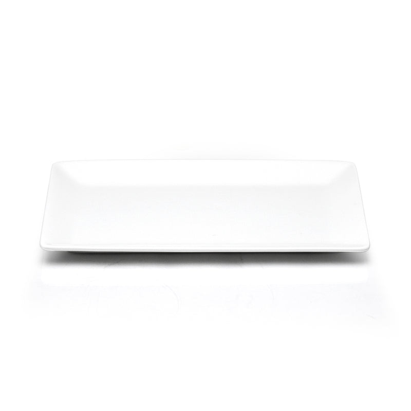 Elevated front view of the A7991 white rectangular platter showing its broad center, gently rising sides and softened corners