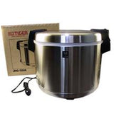 Tiger JHC-72UA stainless-steel electric rice warmer with black handles, power cord and its matching carton.