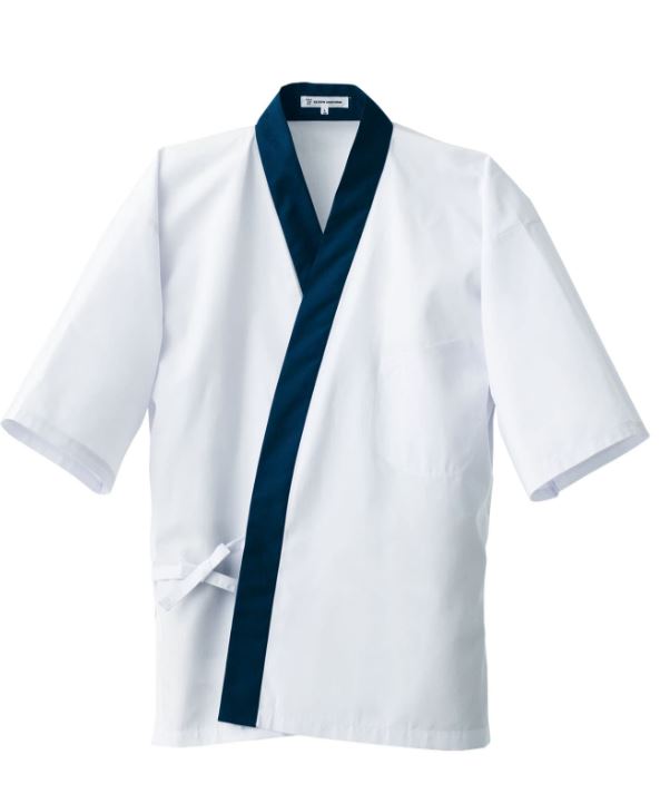 Sushi Chef Coat, Happy coat Wht/Navy Trim Poly Cotton -(L)