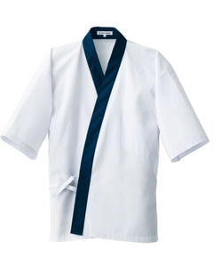 Sushi Chef Coat, Happy coat Wht/Navy Trim Poly Cotton -(M)