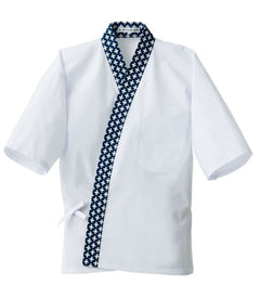 Sushi Chef Coat, Happy coat Wht/Navy Trim Poly Cotton -(M)