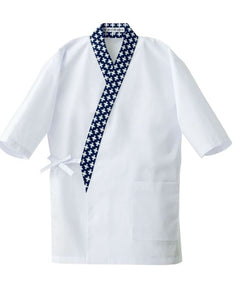 Sushi Chef Coat, Happy coat Wht/Navy Trim Poly Cotton -(M)