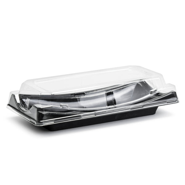 Long Black Sushi To-Go Tray with Clear Lid (50 pc) - ED-30B, 9-1/4"