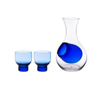 Glass Sake Set 12oz 1 Blue Bulb Bottle 6-3/4"H & 2 Blue Cup