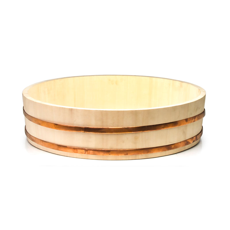 Side view of the round I-654-66 wooden rice tub and its exterior bands