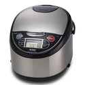 Tiger JAX-T18U black and stainless-steel Micom rice cooker in a front three-quarter view with LCD controls and a hinged lid.