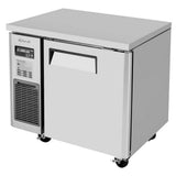 Turbo Air JUR-36-N6 stainless steel one-door undercounter refrigerator with a left-side control panel and casters.