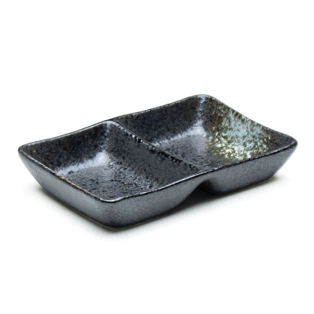 5"X3.25" Divided Porcelain Sauce Plate, Black Oribe