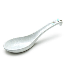5¾″ White Porcelain Soup Spoon — Aqua Blossom Handle Accent