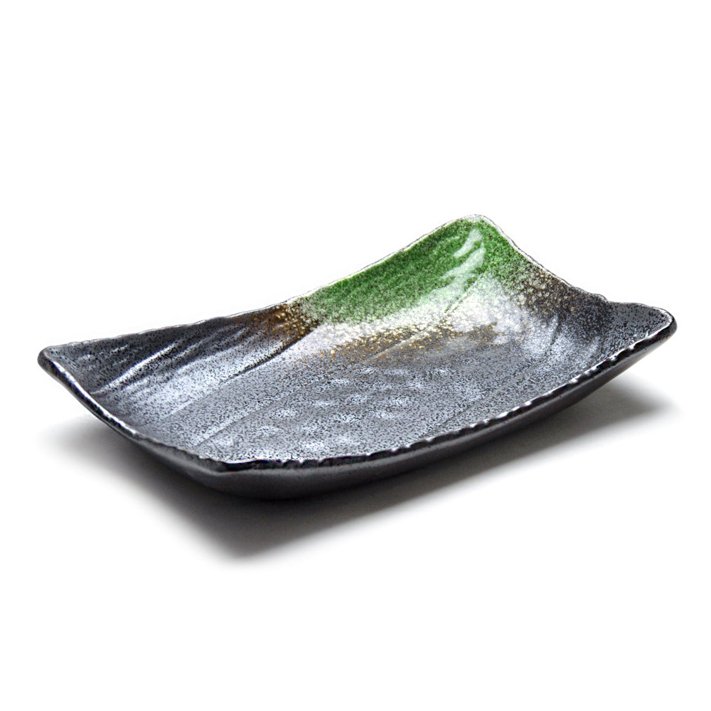 10.5"X6.5"X1.5"H Rectangular Porcelain Plate Deep, Black/Green