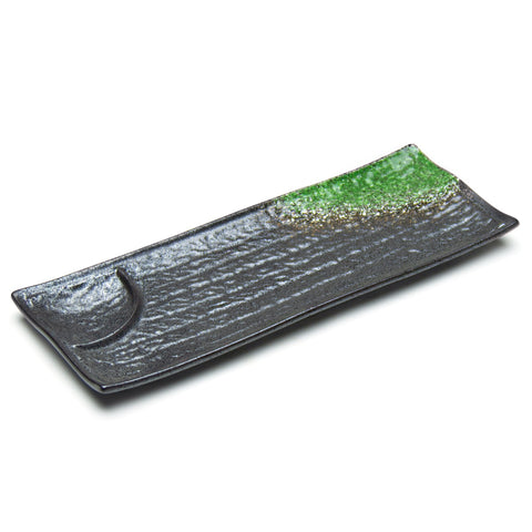 12.25"X4.75" Rectangular Porcelain Plate W/Divider, Black/Green
