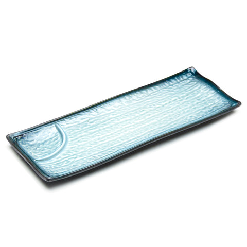 12.25"X4.75" Rectangular Porcelain Plate W/Divider, Reactive Glaze - Blue/Black