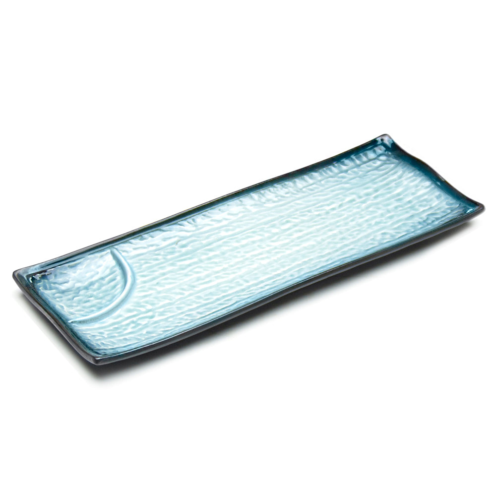 12.25"X4.75" Rectangular Porcelain Plate W/Divider, Reactive Glaze - Blue/Black