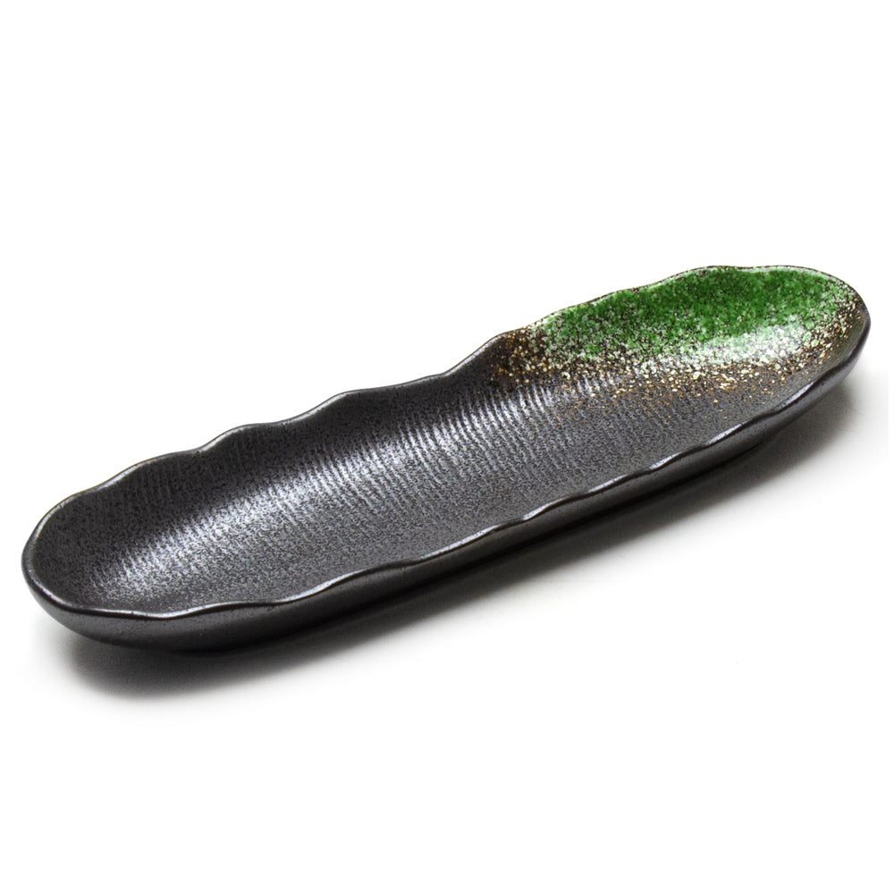 13.25"X4"X1.25"H Rectangular Porcelain Platter, Black/Green
