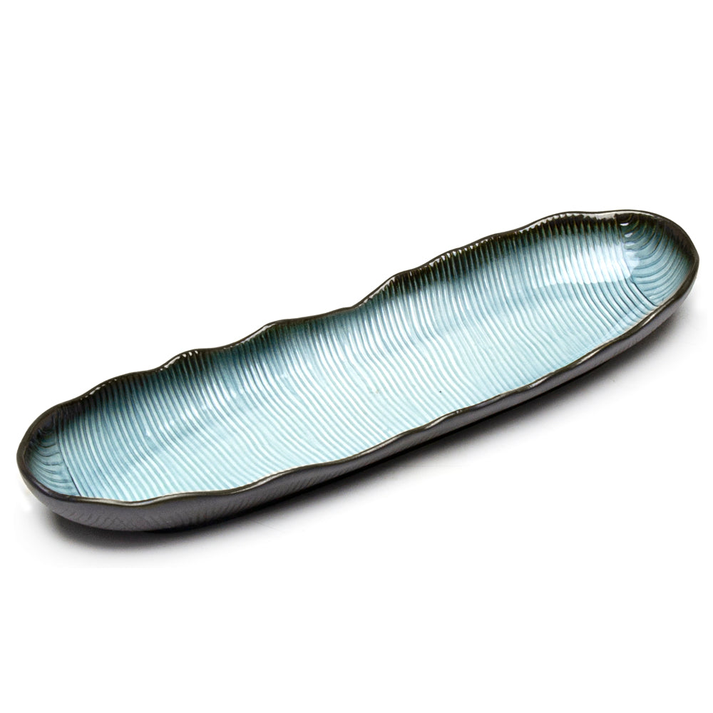13.25"X4"X1.25"H Rectangular Porcelain Platter, Reactive Glaze - Blue/Black