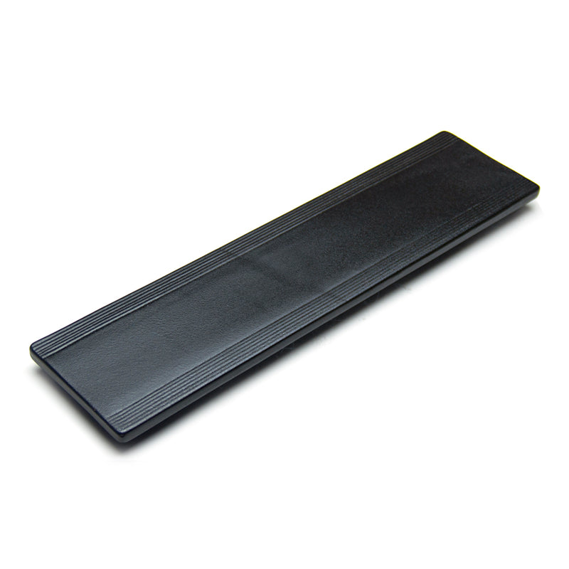 Angled view of the black JX218-B porcelain platter and its ridged borders