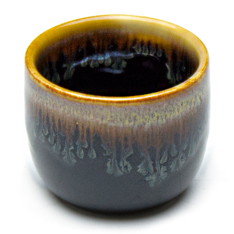 JX8-1 Chun Tenmoku sake cup with a warm-colored rim
