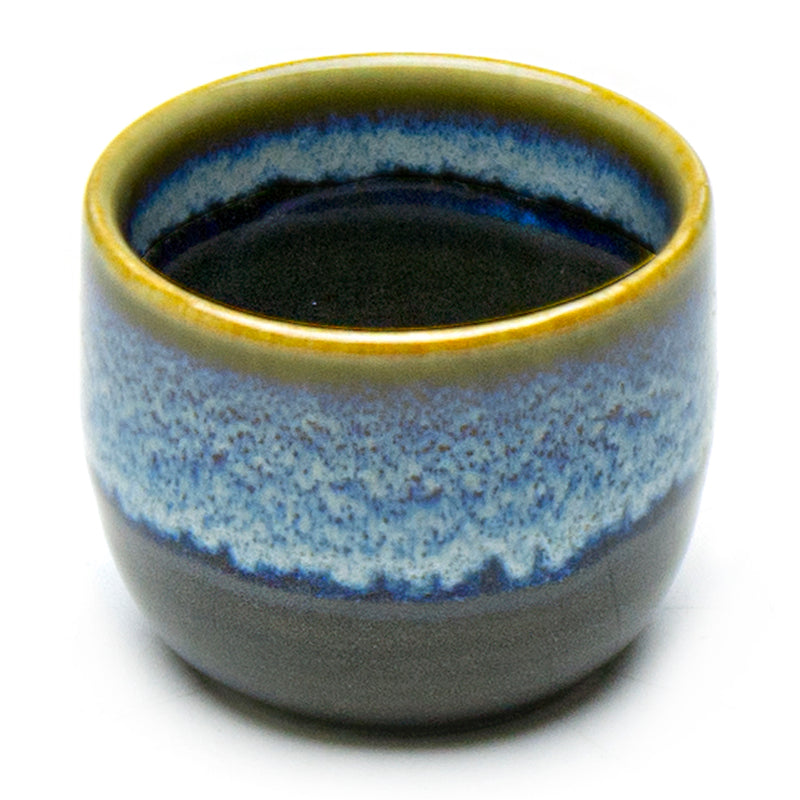 JX8-3 porcelain sake cup showing its blue band and brown lower glaze