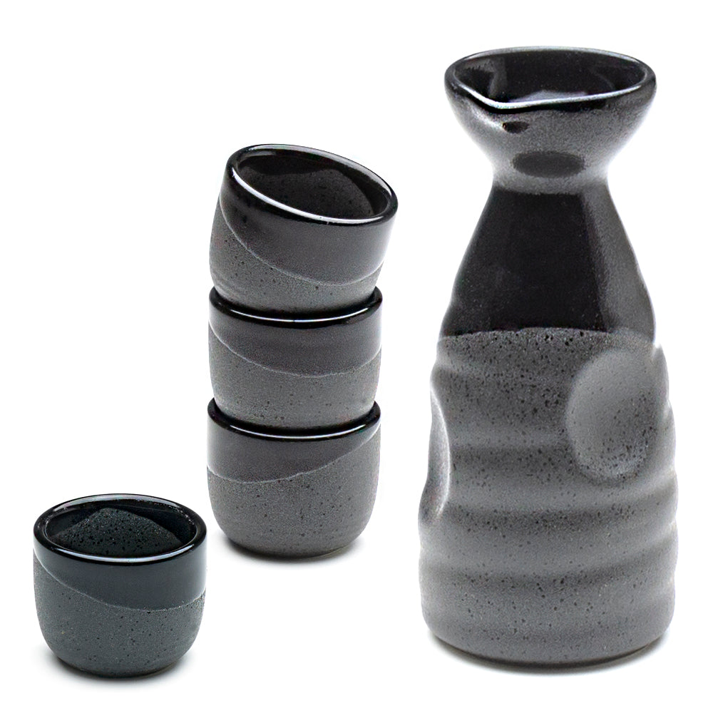 Porcelain Sake Set 1:4, Half-Glazed - Grey/Black