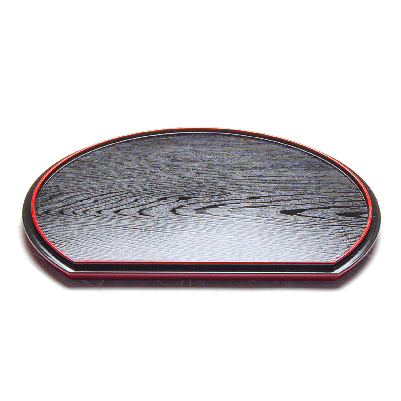 Black grain-textured side of OS16-M reversible half-moon tray with red edging