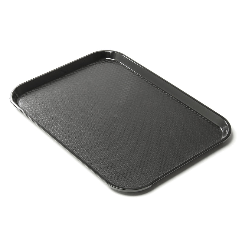 PLFFT1418B black plastic cafeteria tray, raised angled view
