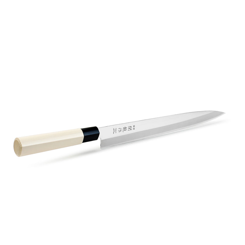Side view of the SR240-S showing its poplar handle, black nylon bolster and stainless blade