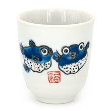 3″ Blue & White Puffer Fish Porcelain Teacup — 3¼″ High