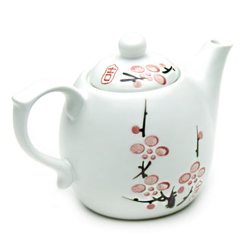 Japanese Snow White Cherry Blossom Sakura Ceramic Tea Set with Strainer Teapot with Side Easy Pour Handle and 2 Tea Cups